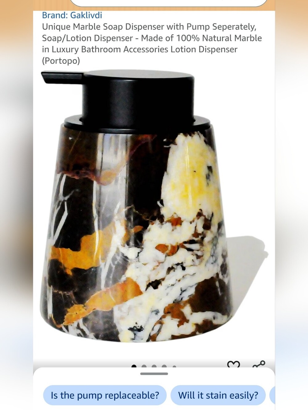 Gaklivid Marble Soap Dispenser in Black, White & Gold